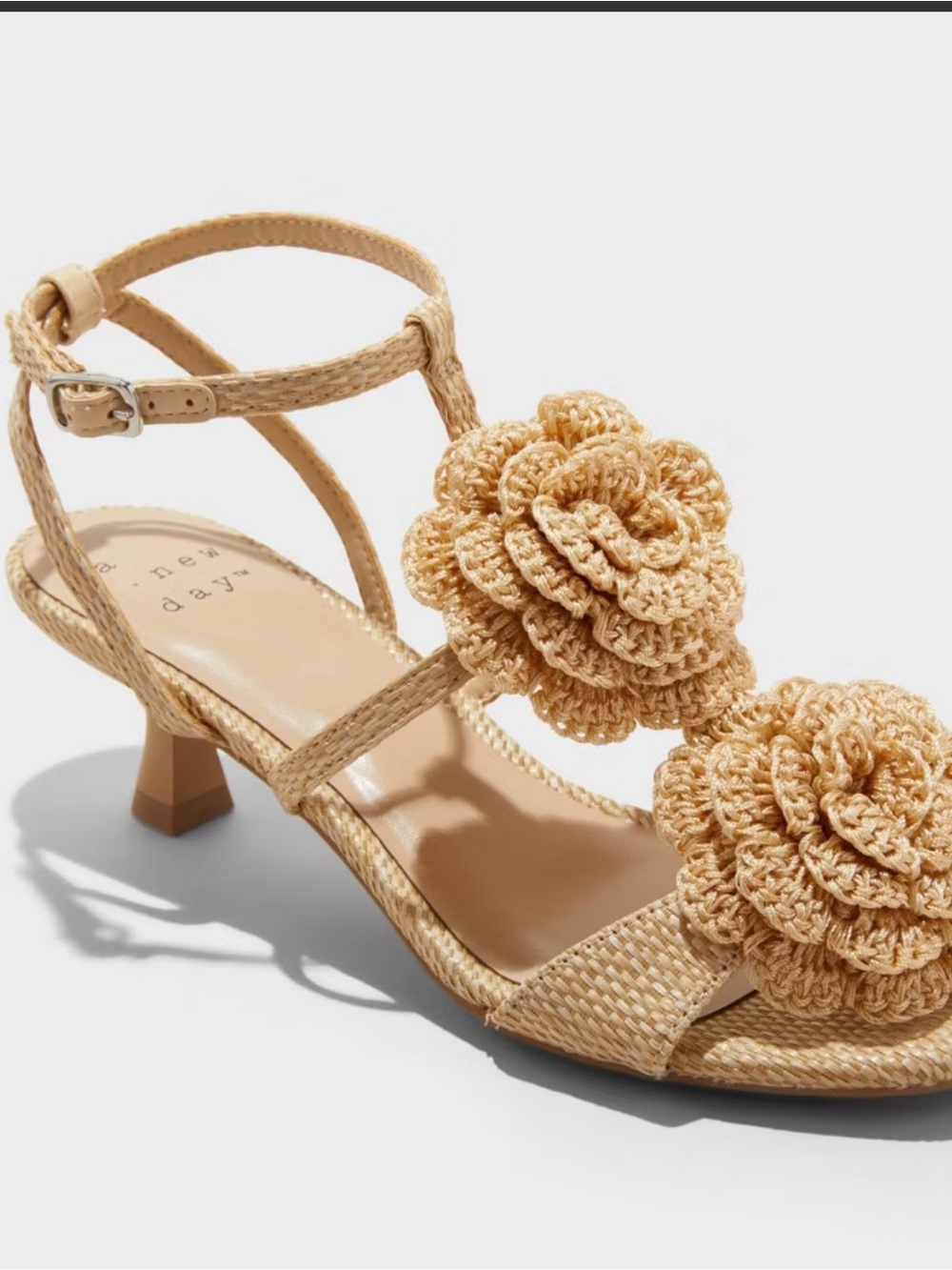 A New Day Esme Tan Crochet Floral Kitten Heel Sandals Size 8 New in Box